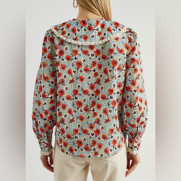 Rixo Small Misha‎ Floral Print Cotton Blouse Blue Multicolor Peter Pan Collar - Picture 3 of 12